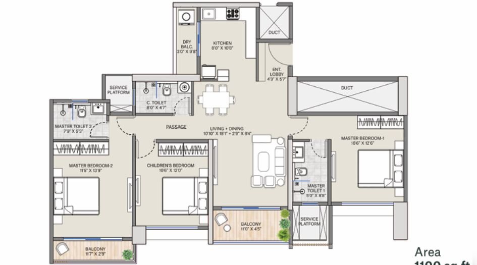 Supreme-Rivana-3BHK-1100sqft-unit-plan