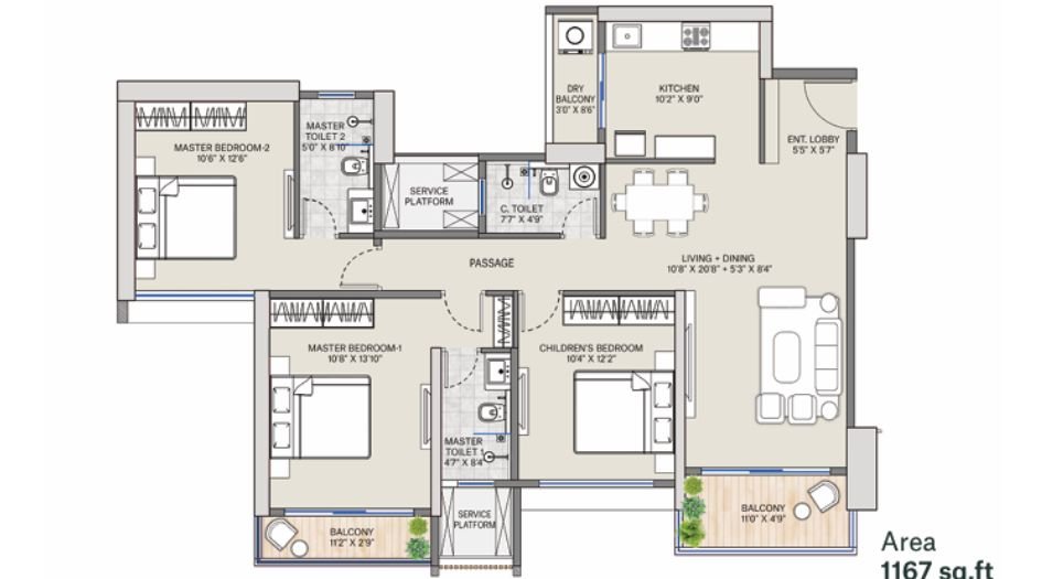 Supreme-Rivana-3BHk-1167sqft-unit-plan